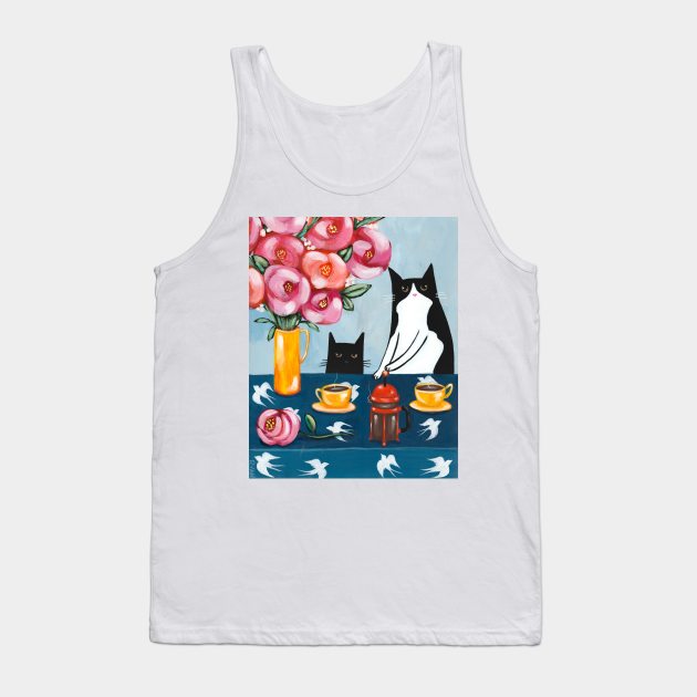 French Press Coffee Cats Tank Top by KilkennyCat Art